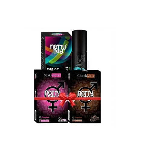 NottyBoy Valentine's Special Pleasure Combo Pack - Nottyboy Delay Spray 20g + Nottyboy Slide Lubricant Gel 100ml + Nottyboy Condom 3in1 10Pcs, Chocolate 10Pcs