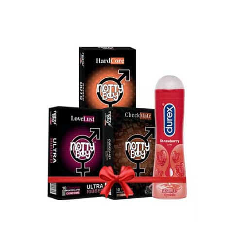 NottyBoy Durex Valentine's Special Pleasure Combo Pack 10PCSx3Packs = 30Pcs + 100ml Durex Strawberry Gel ,Chocolate, Ribbed , Raised Dots Condom